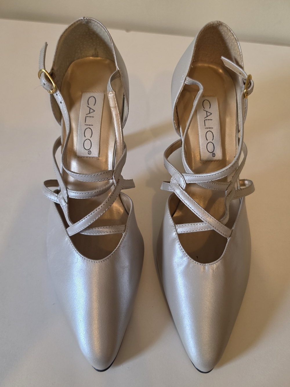 Calico Silver Pointed Toe Cross-Strap Heels